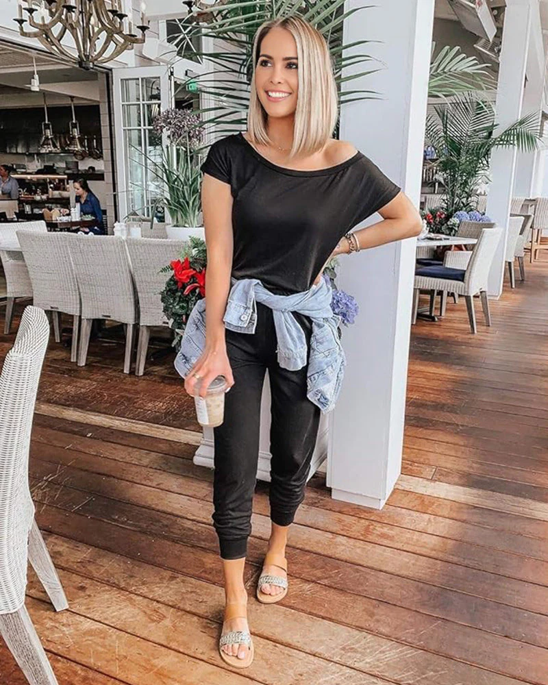 Off-Shoulder Short Sleeve Beam Foot Jumpsuit - Image 4