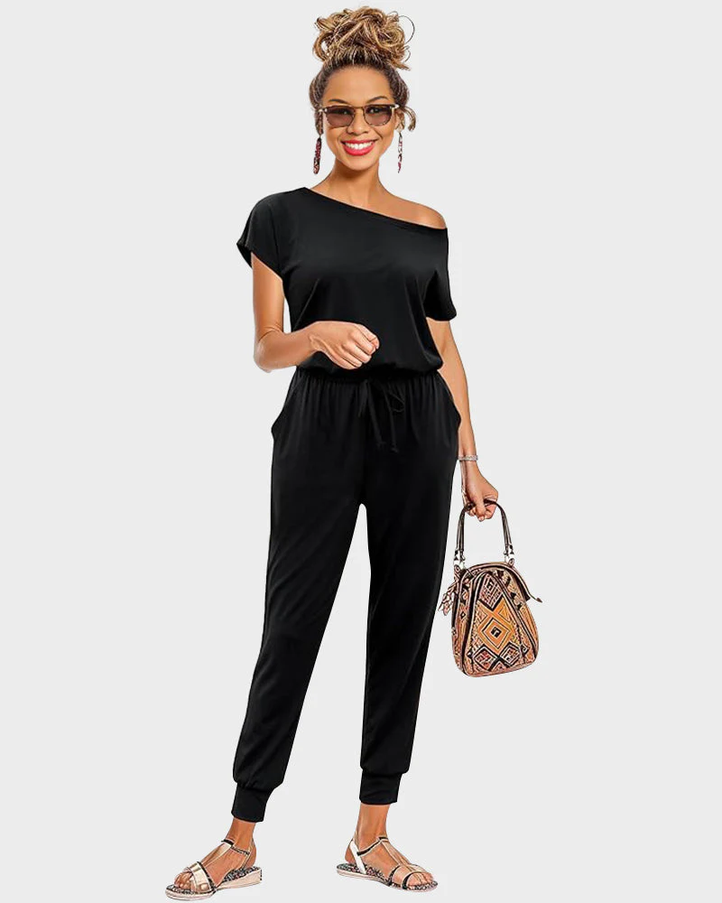 Off-Shoulder Short Sleeve Beam Foot Jumpsuit - Image 5
