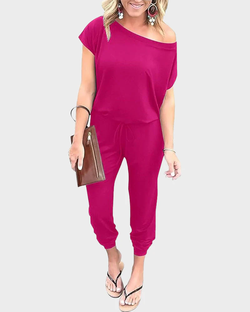 Off-Shoulder Short Sleeve Beam Foot Jumpsuit - Image 7