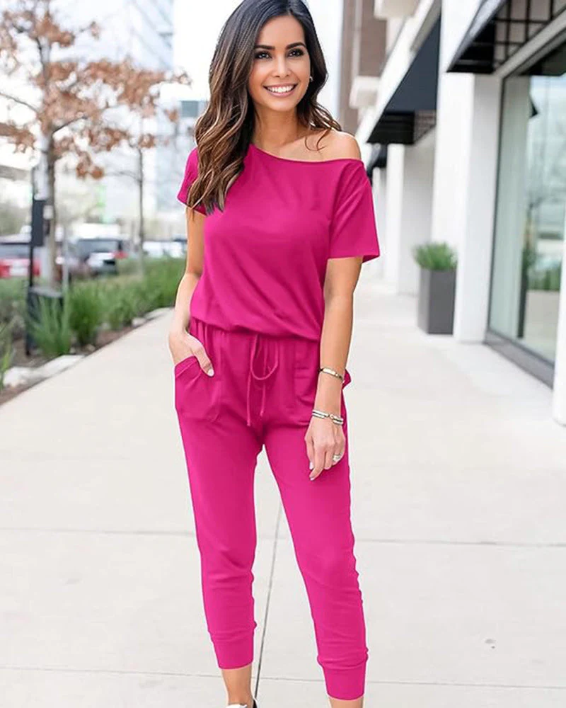 Off-Shoulder Short Sleeve Beam Foot Jumpsuit - Image 8