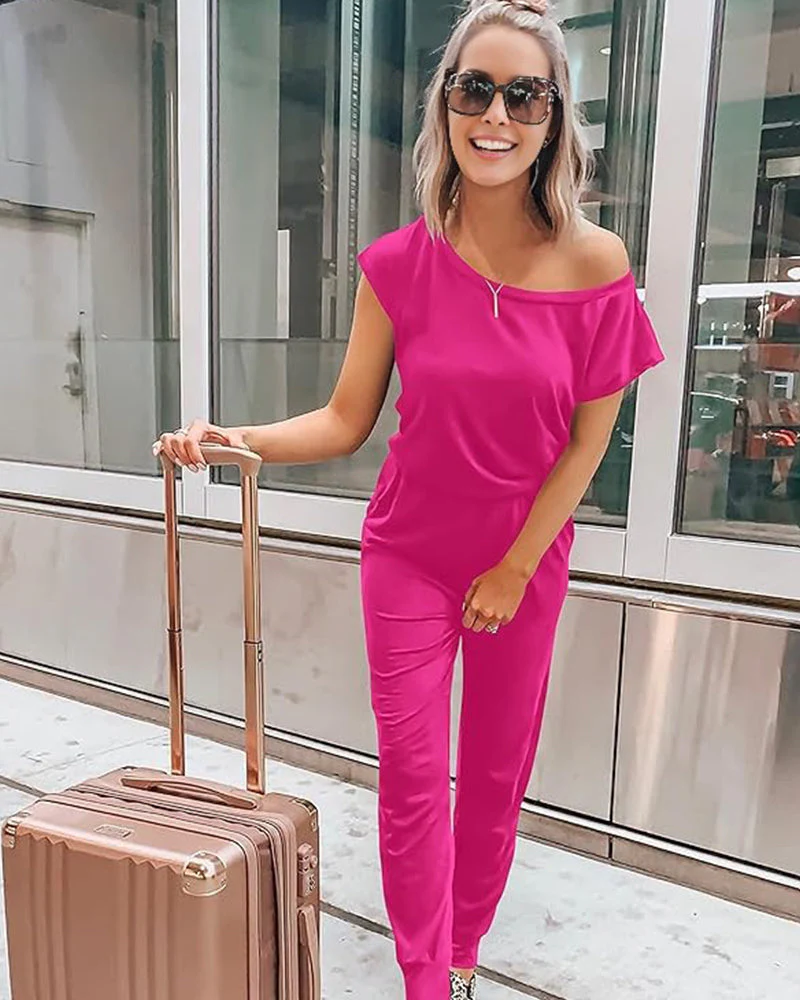 Off-Shoulder Short Sleeve Beam Foot Jumpsuit - Image 9