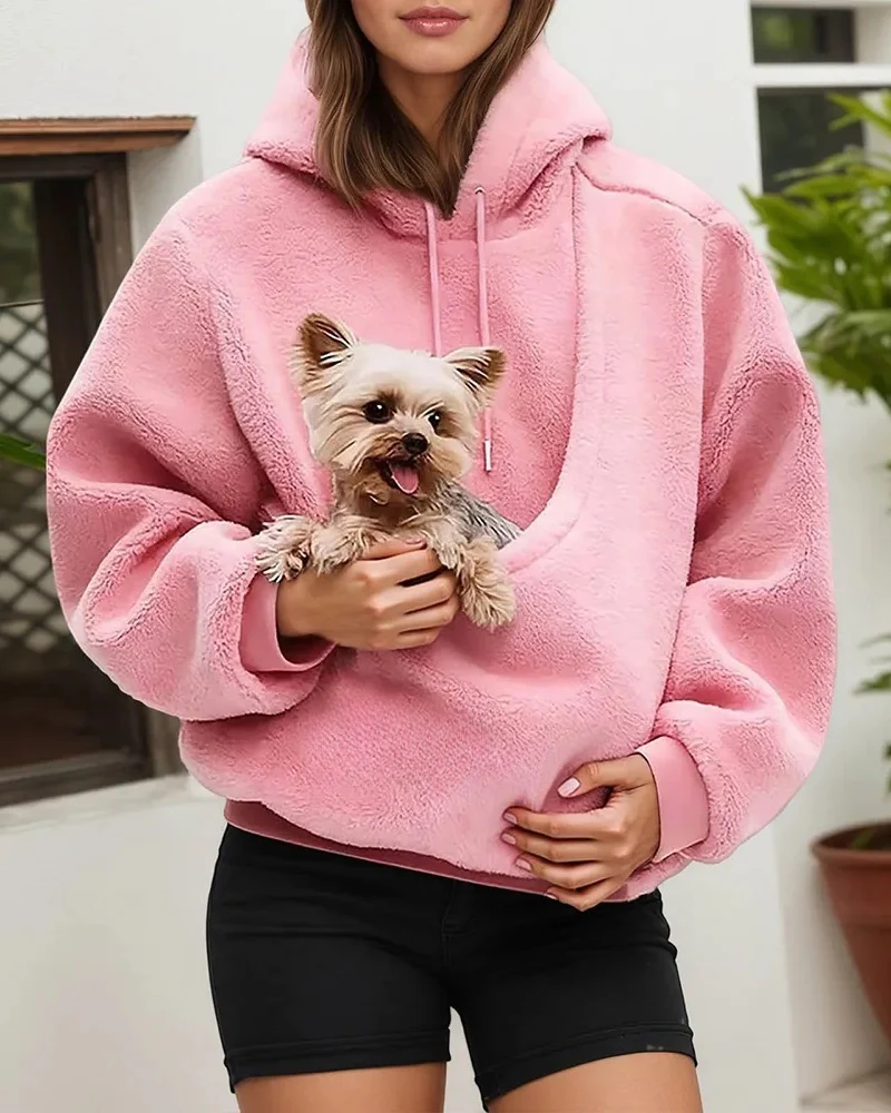 Women's Pet Pocket Hoodie Oversized Plush Carrier Pullover - Image 2