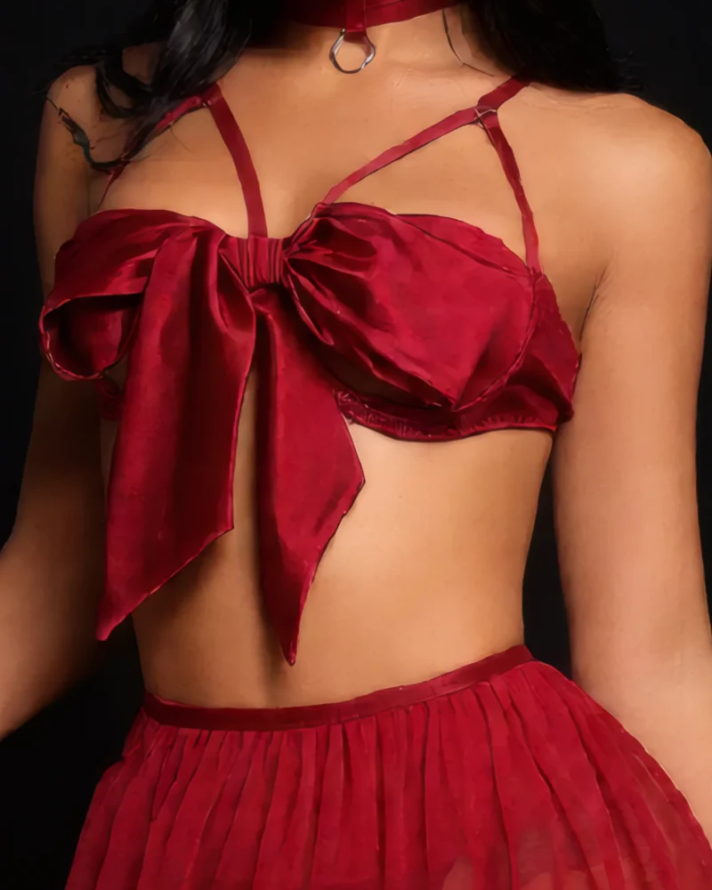 Red Silk Bow Pajama Set Minimalist Elegant Sleepwear - Image 2