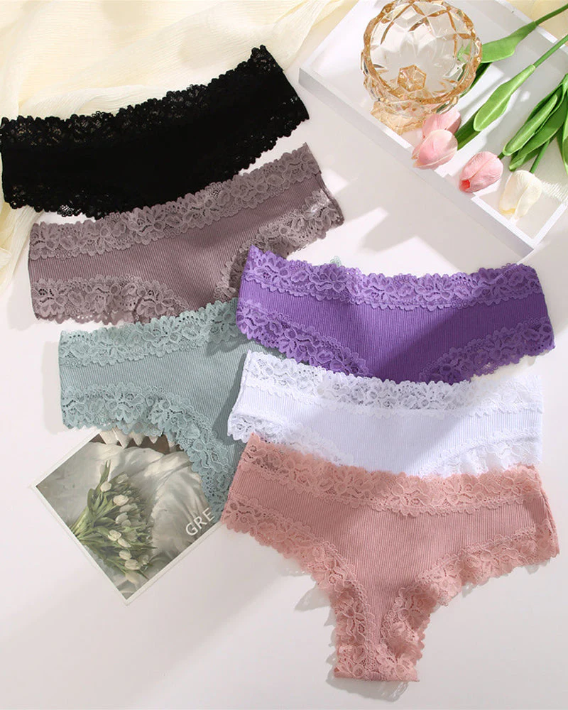 Ribbed Cotton Lace Mid-Rise Panty(9 pack） - Image 4