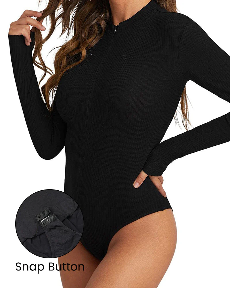 Ribbed Long Sleeve Half-Zip Shaping Bodysuit - Image 4