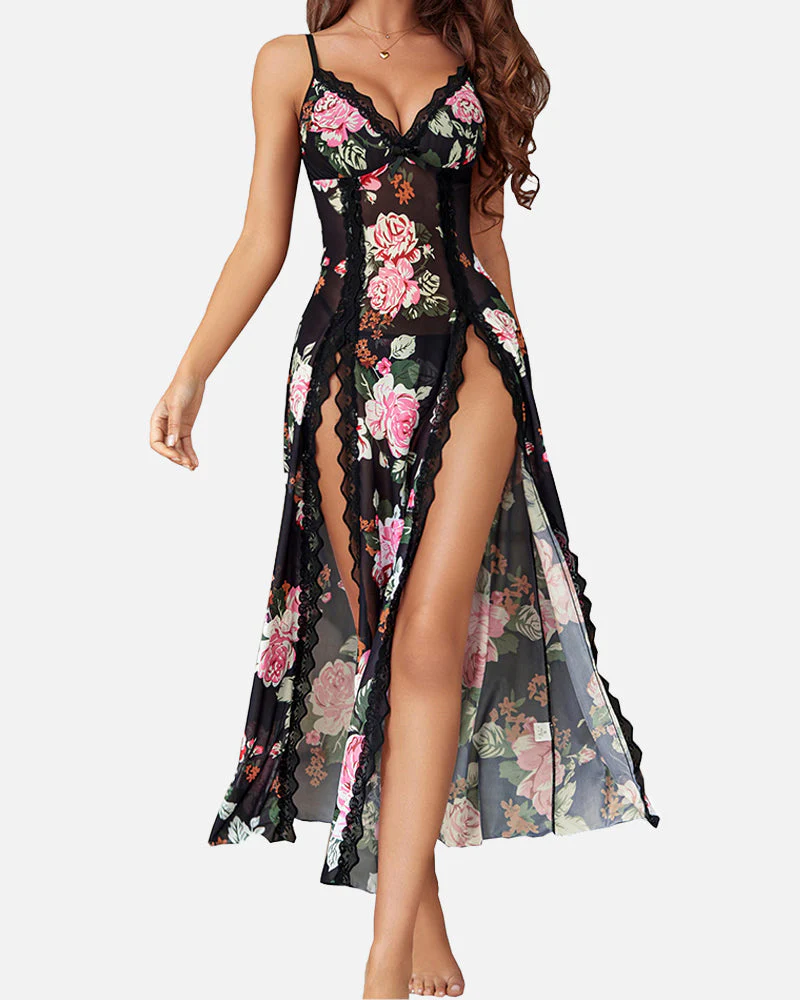 Sexy Mesh V Neck Side Split Nightdress - Image 8