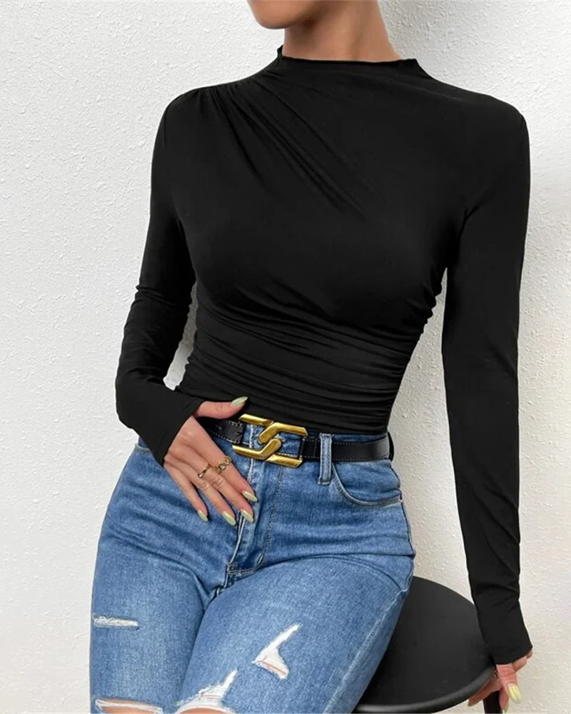 Slim Fit Ruched High-Neck T-Shirt Top - Image 3
