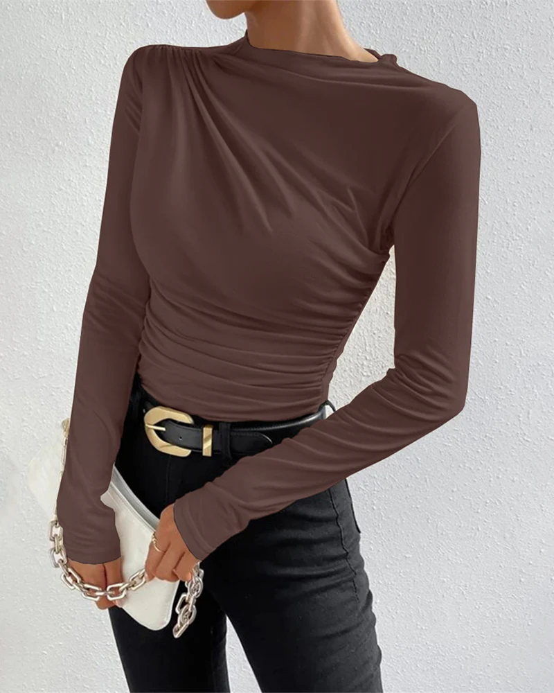 Slim Fit Ruched High-Neck T-Shirt Top - Image 7