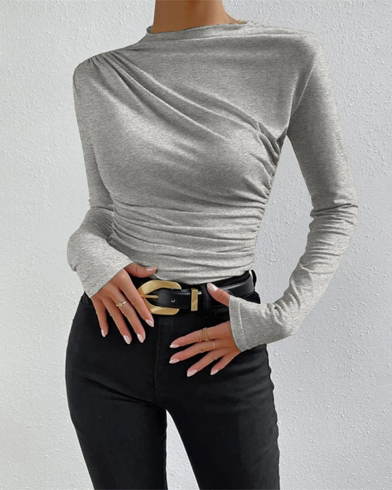 Slim Fit Ruched High-Neck T-Shirt Top - Image 9