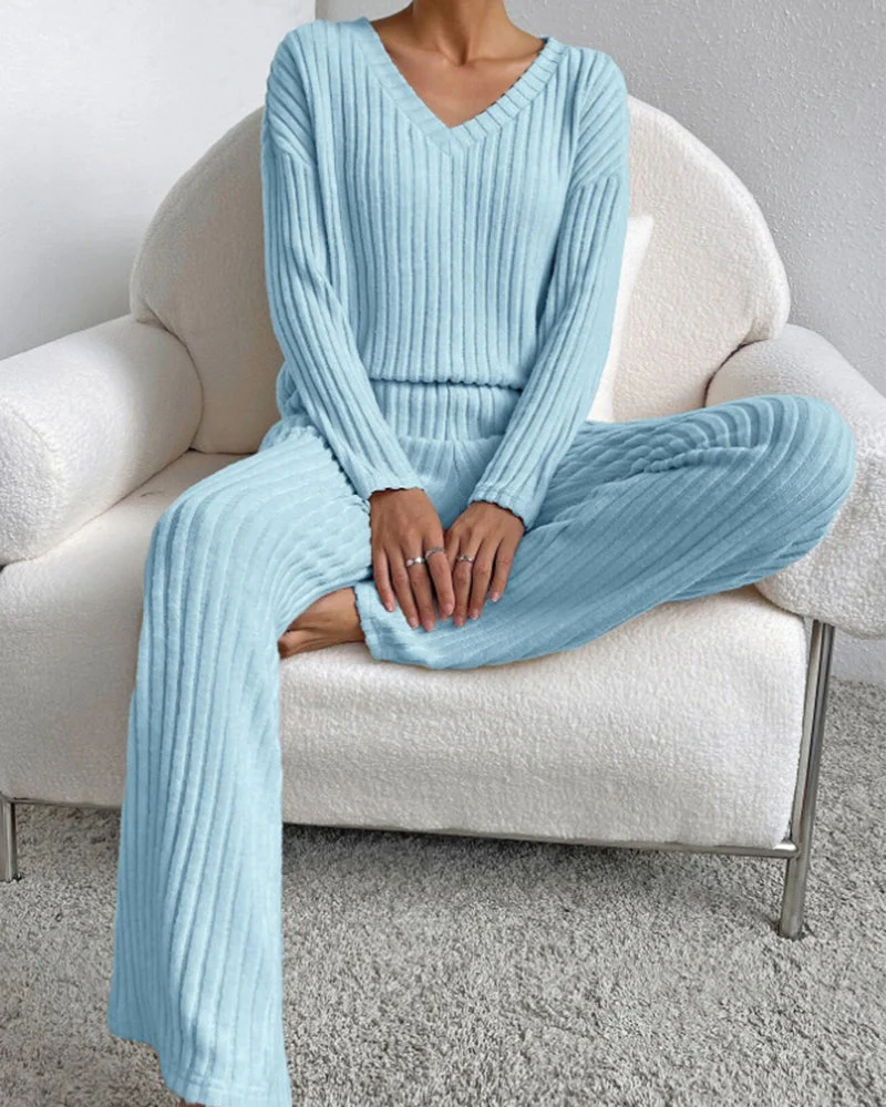 Soft V-Neck Two-Piece Lounge Set - Image 3
