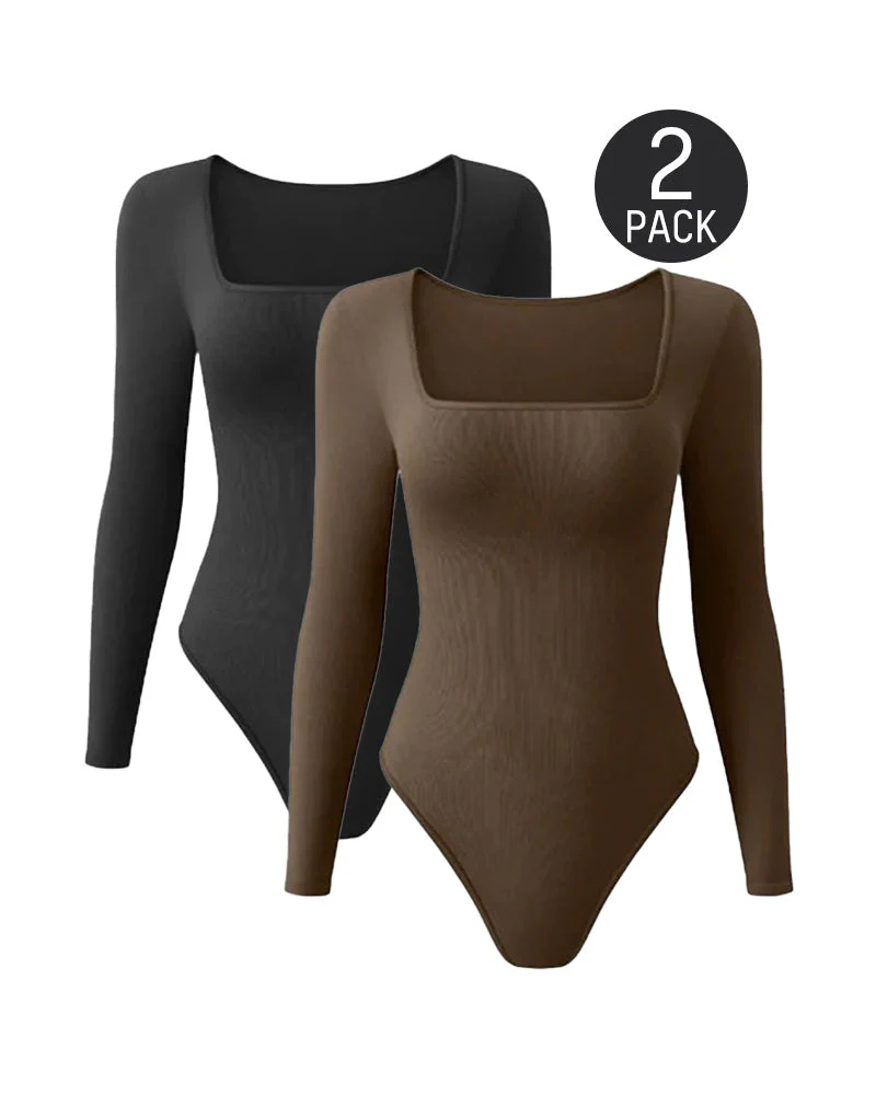 Ribbed Square Neck Long Sleeve Bodysuit - Image 16
