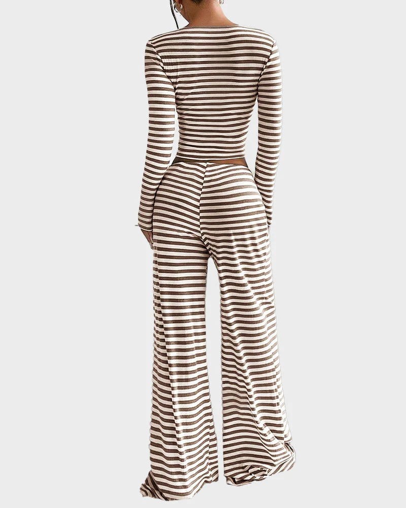 Stripe Crop Top & Wide Leg Two-Piece Lounge Set - Image 4