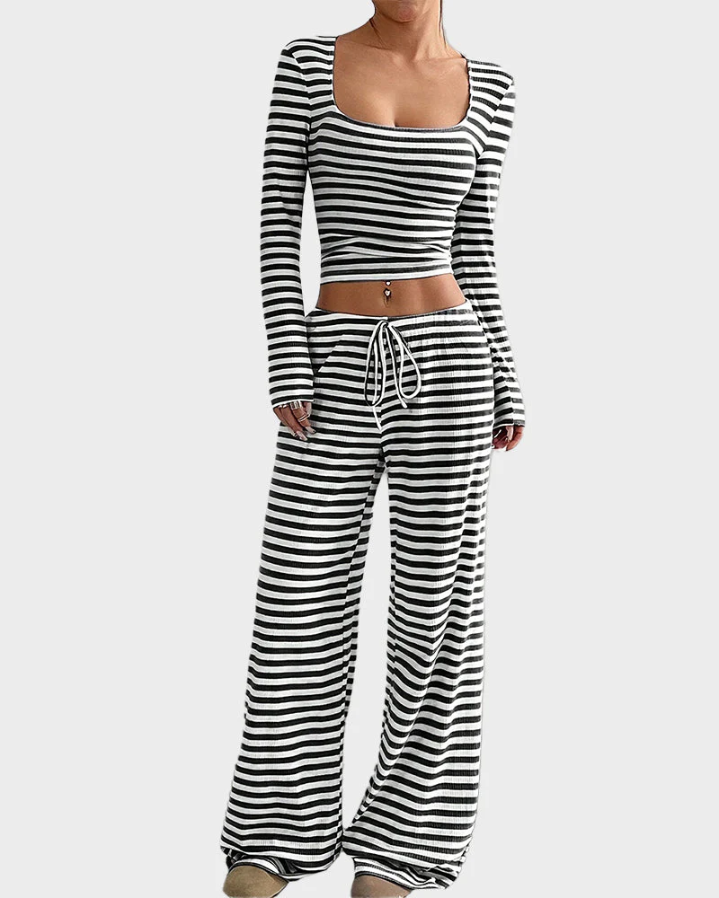 Stripe Crop Top & Wide Leg Two-Piece Lounge Set - Image 5