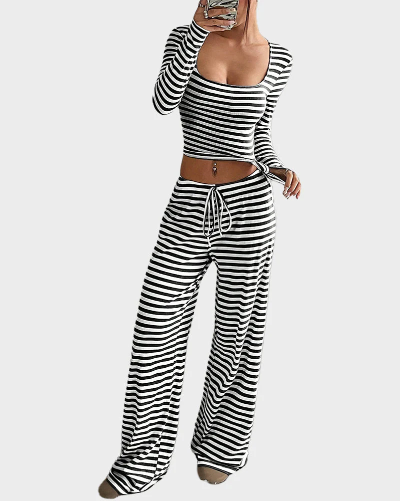 Stripe Crop Top & Wide Leg Two-Piece Lounge Set - Image 7