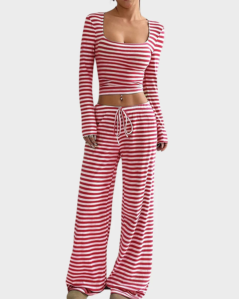 Stripe Crop Top & Wide Leg Two-Piece Lounge Set - Image 9
