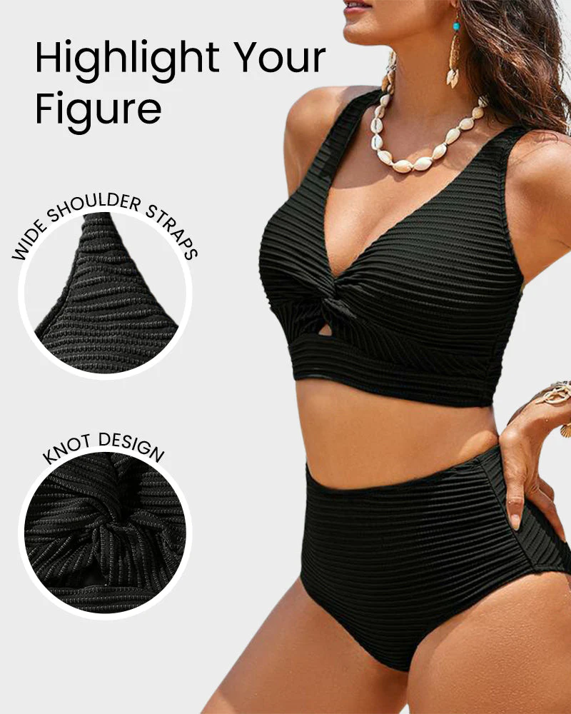 Textured Knot-Front High-Waisted Bikini Set - Image 10