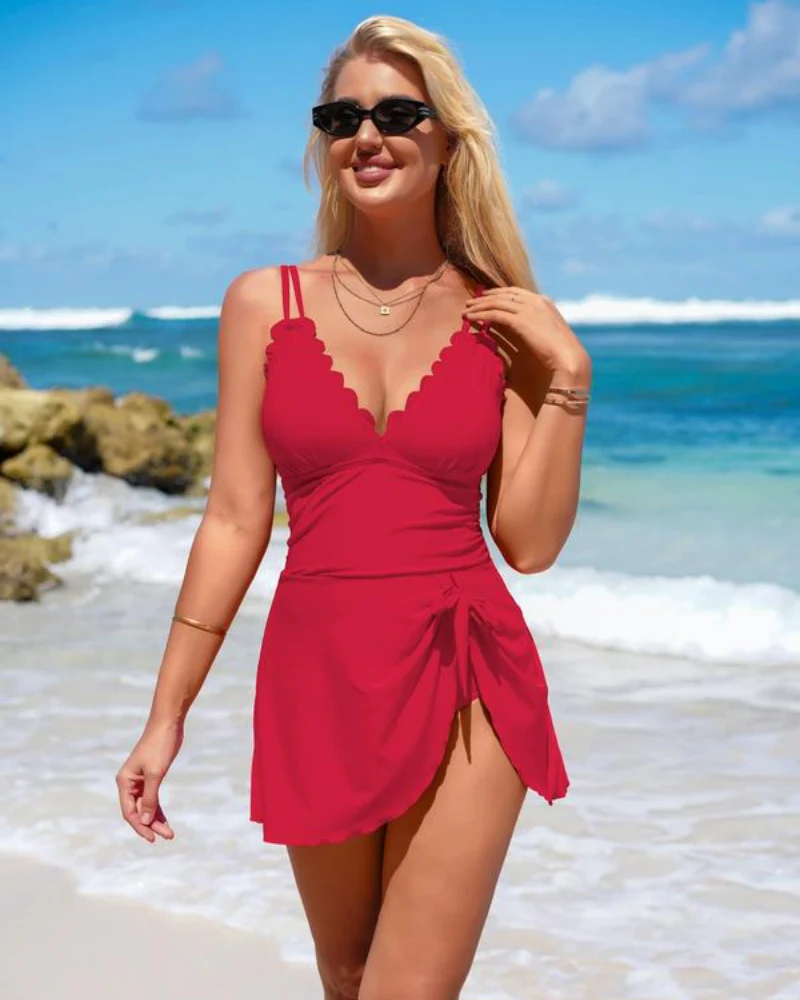 Tummy Control Swimsuit Dress for Women Knot Detail Skirt - Image 5