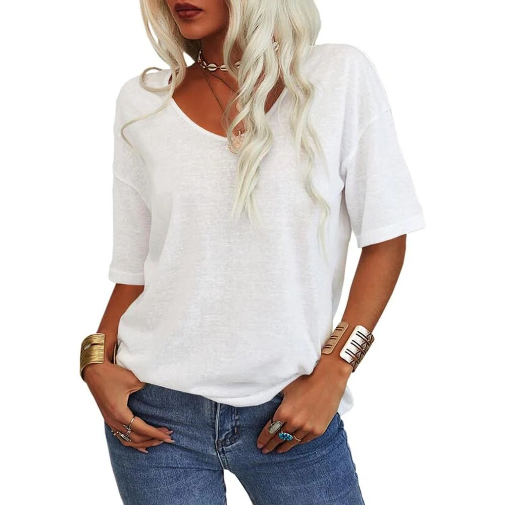 Women's Solid Color V-Neck T-shirt - Image 3