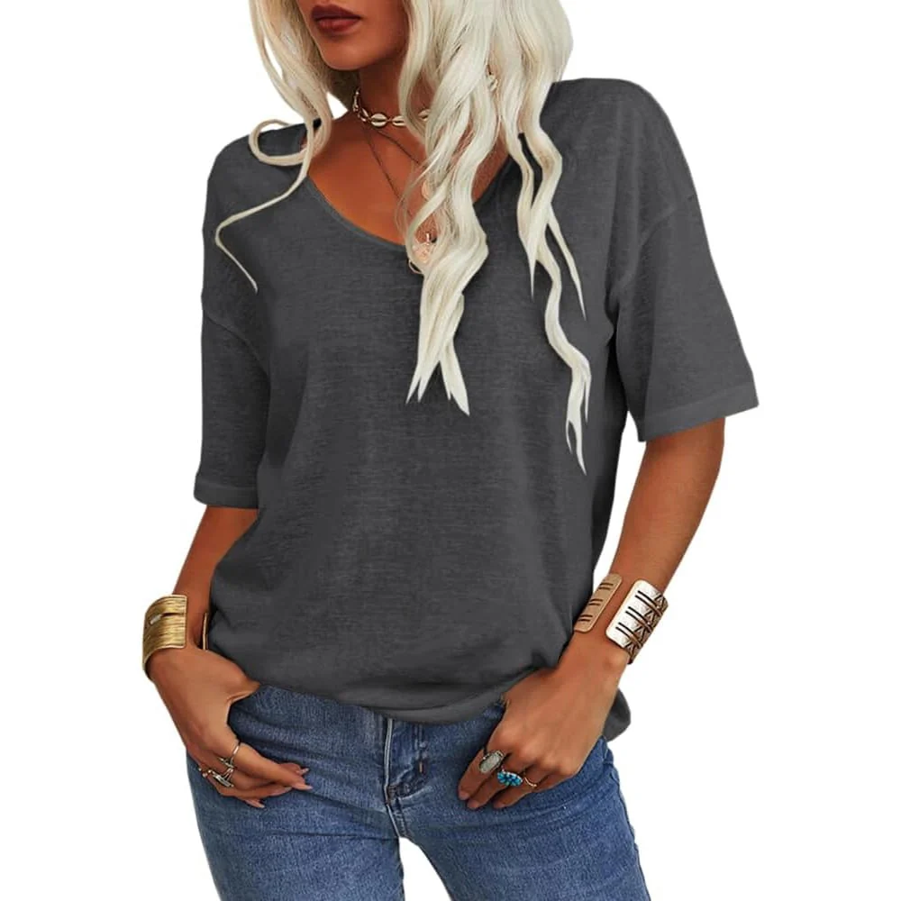 Women's Solid Color V-Neck T-shirt - Image 4