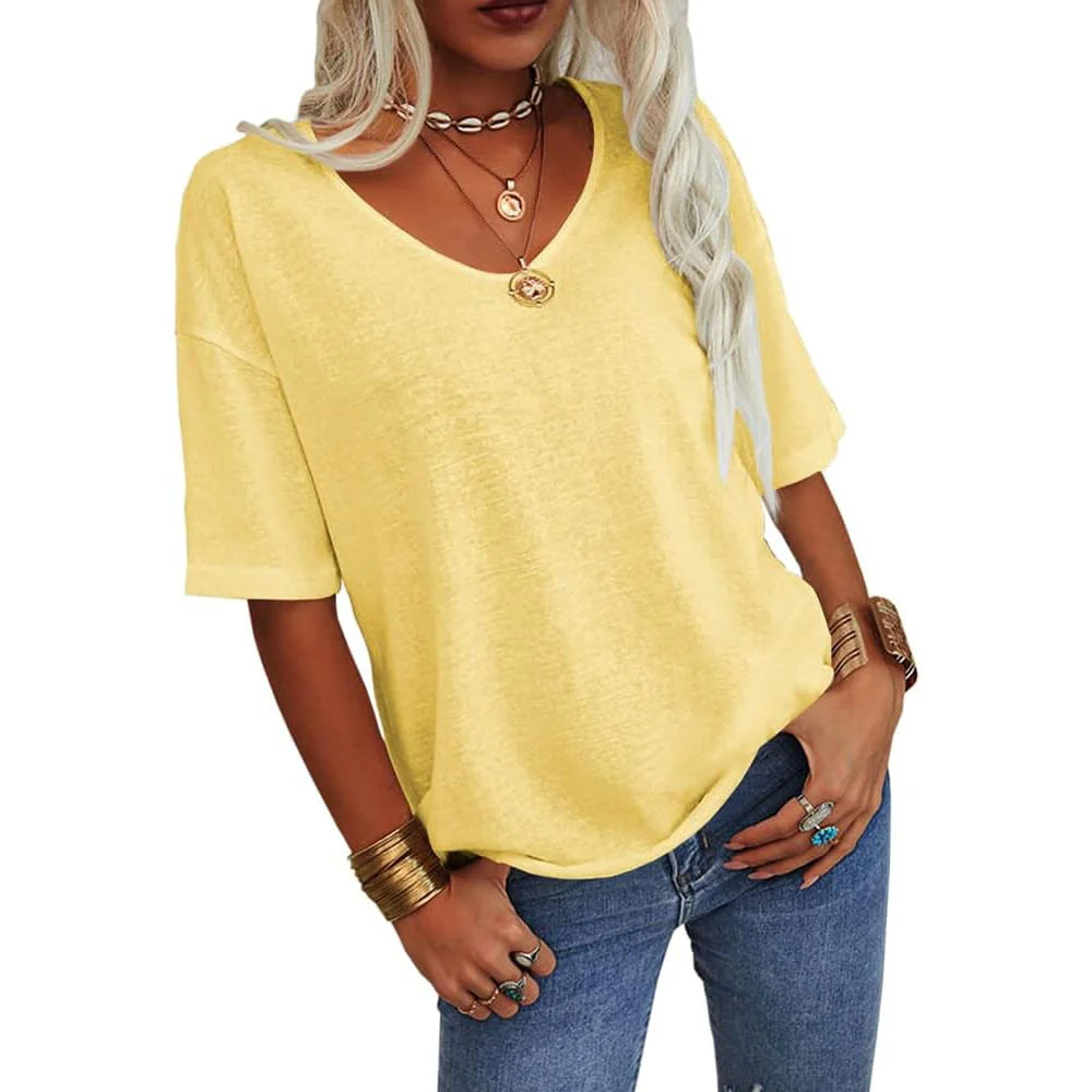 Women's Solid Color V-Neck T-shirt - Image 9