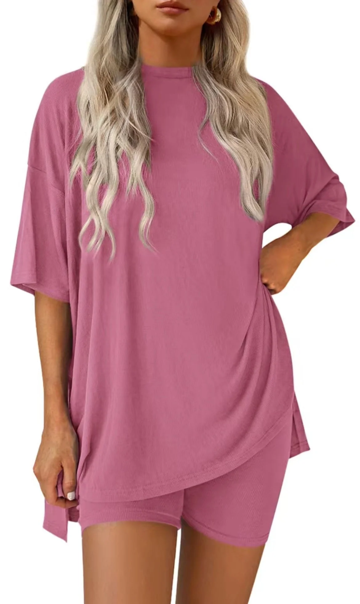 Casual Oversized 2-Piece Lounge Set with Crewneck & Split Hem - Image 12