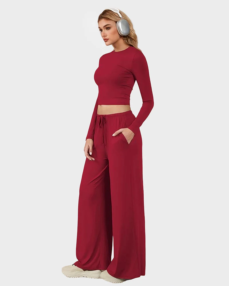 Wide-Leg Lounge Set for Women Stretchy Crop Top & Pants - Image 3