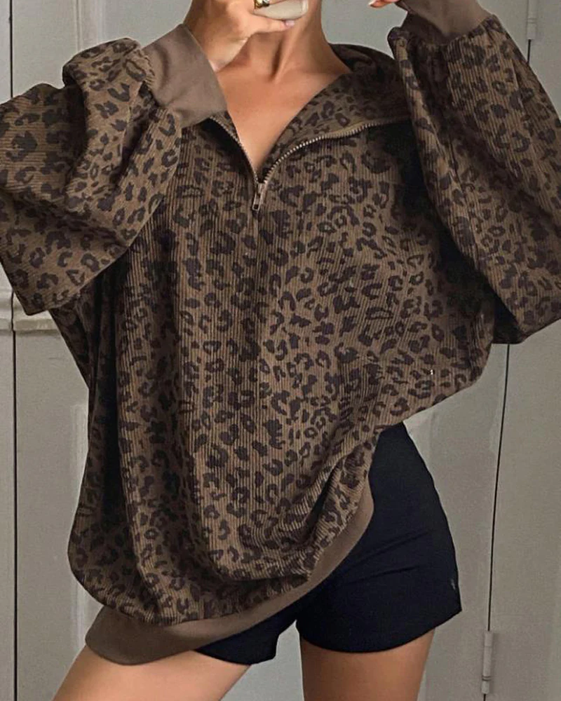 Women Casual Zip Up Front Long Sleeve Leopard Print Sweatshirt - Image 2
