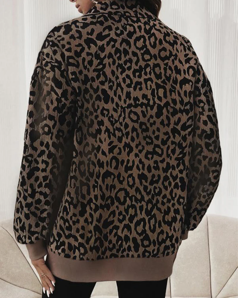 Women Casual Zip Up Front Long Sleeve Leopard Print Sweatshirt - Image 3