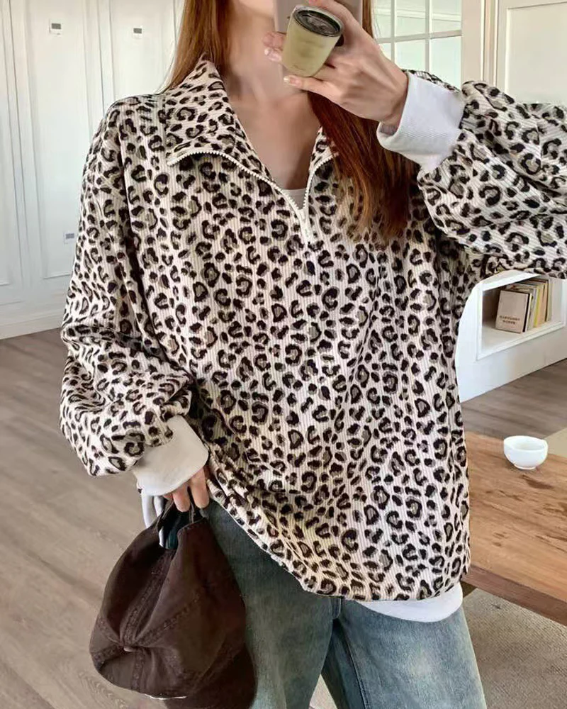 Women Casual Zip Up Front Long Sleeve Leopard Print Sweatshirt - Image 5