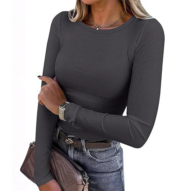 Women Long Sleeve Crewneck Rib Knit Slim Fit Shirts Basic Tee Tops - Image 11