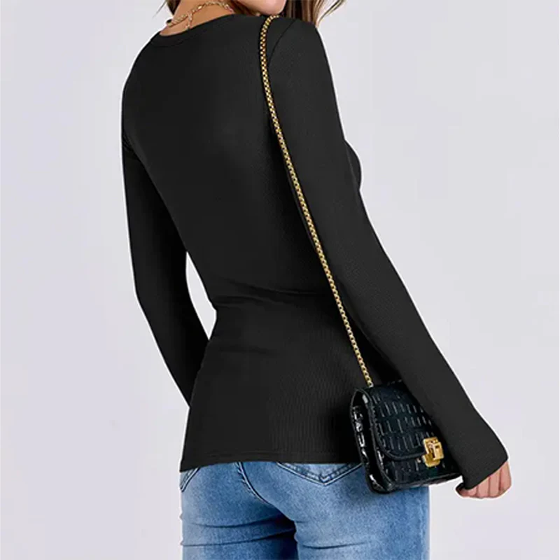 Women Long Sleeve Crewneck Rib Knit Slim Fit Shirts Basic Tee Tops - Image 4