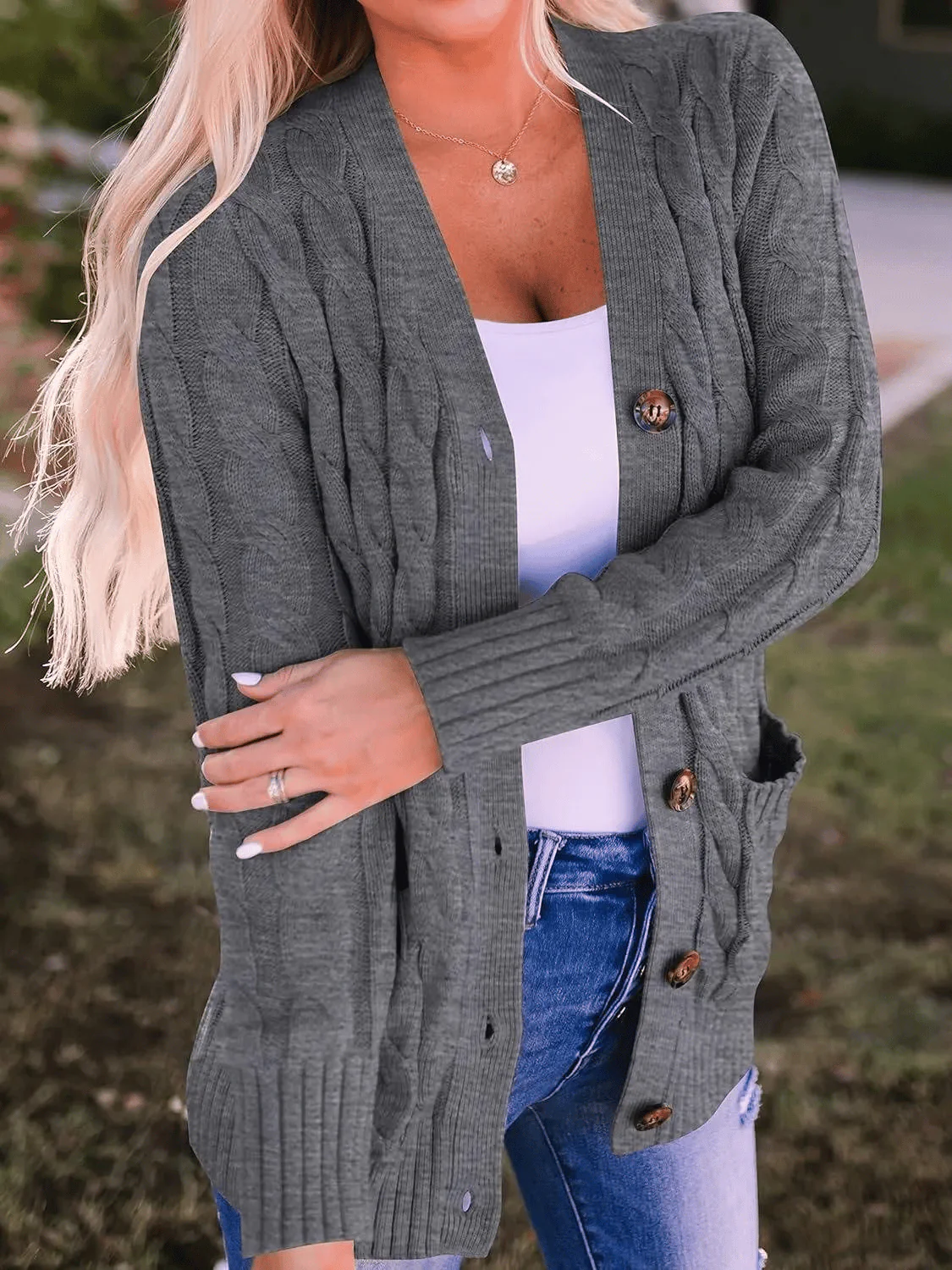 Women's Fall Casual Long Sleeve Button Down Open Front Cable Knit Cardigan - Image 10