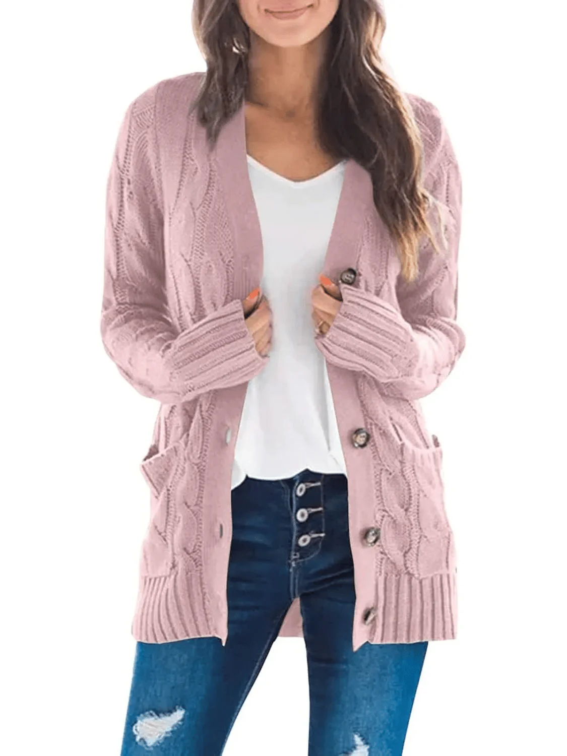 Women's Fall Casual Long Sleeve Button Down Open Front Cable Knit Cardigan - Image 14