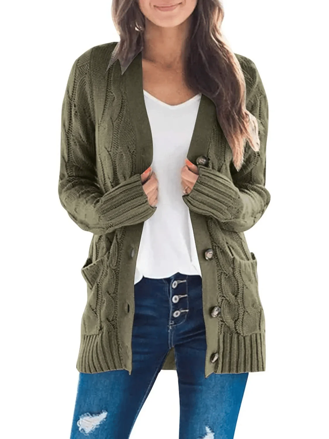 Women's Fall Casual Long Sleeve Button Down Open Front Cable Knit Cardigan - Image 17
