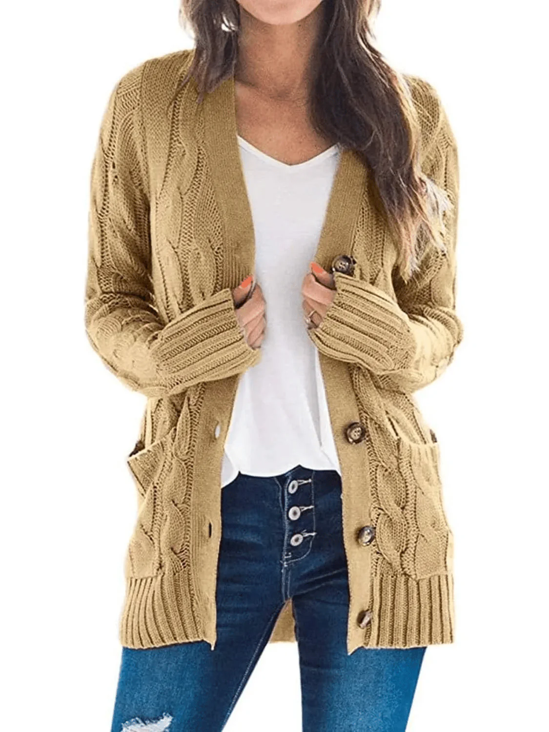 Women's Fall Casual Long Sleeve Button Down Open Front Cable Knit Cardigan - Image 18
