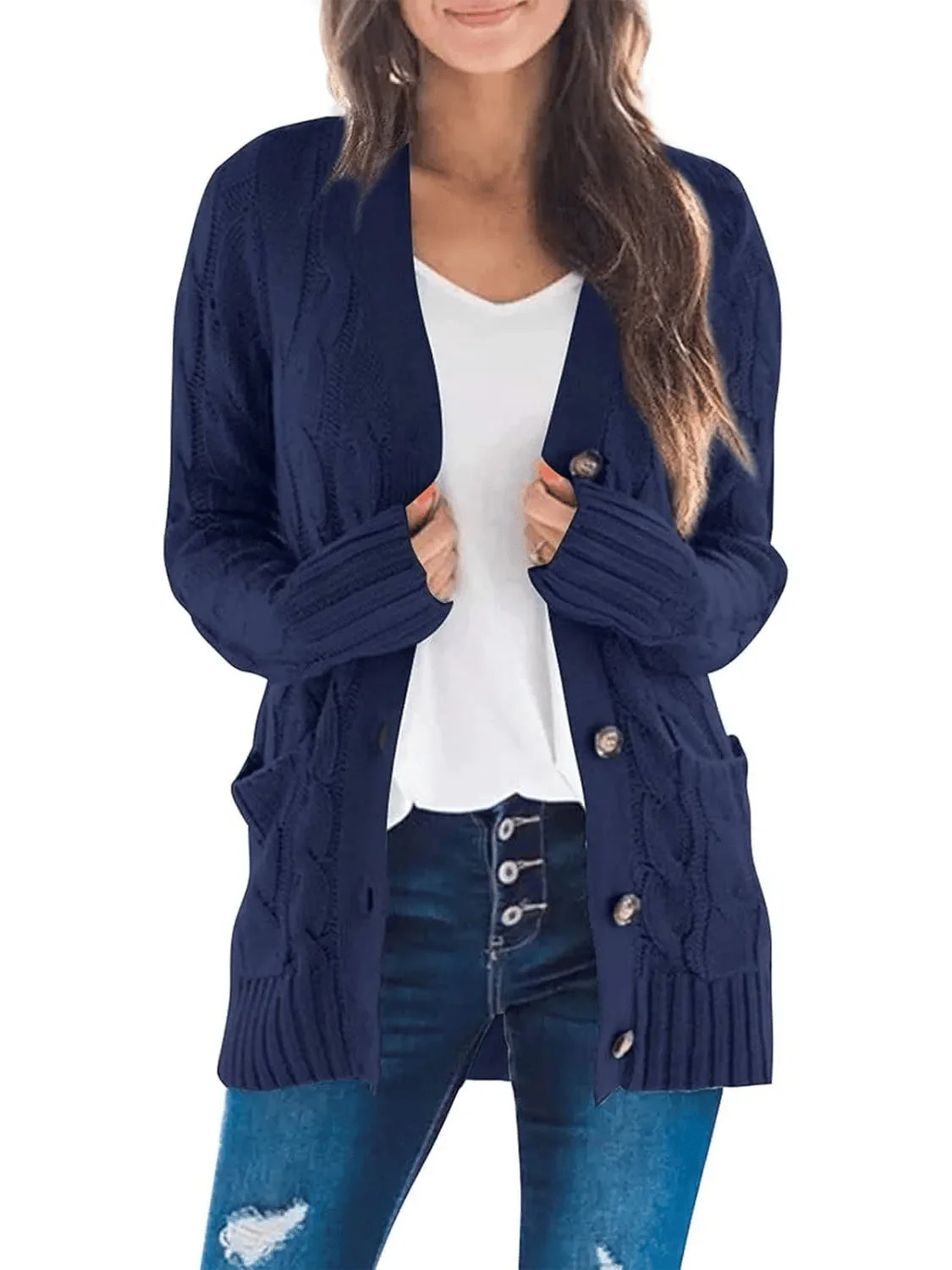 Women's Fall Casual Long Sleeve Button Down Open Front Cable Knit Cardigan - Image 19