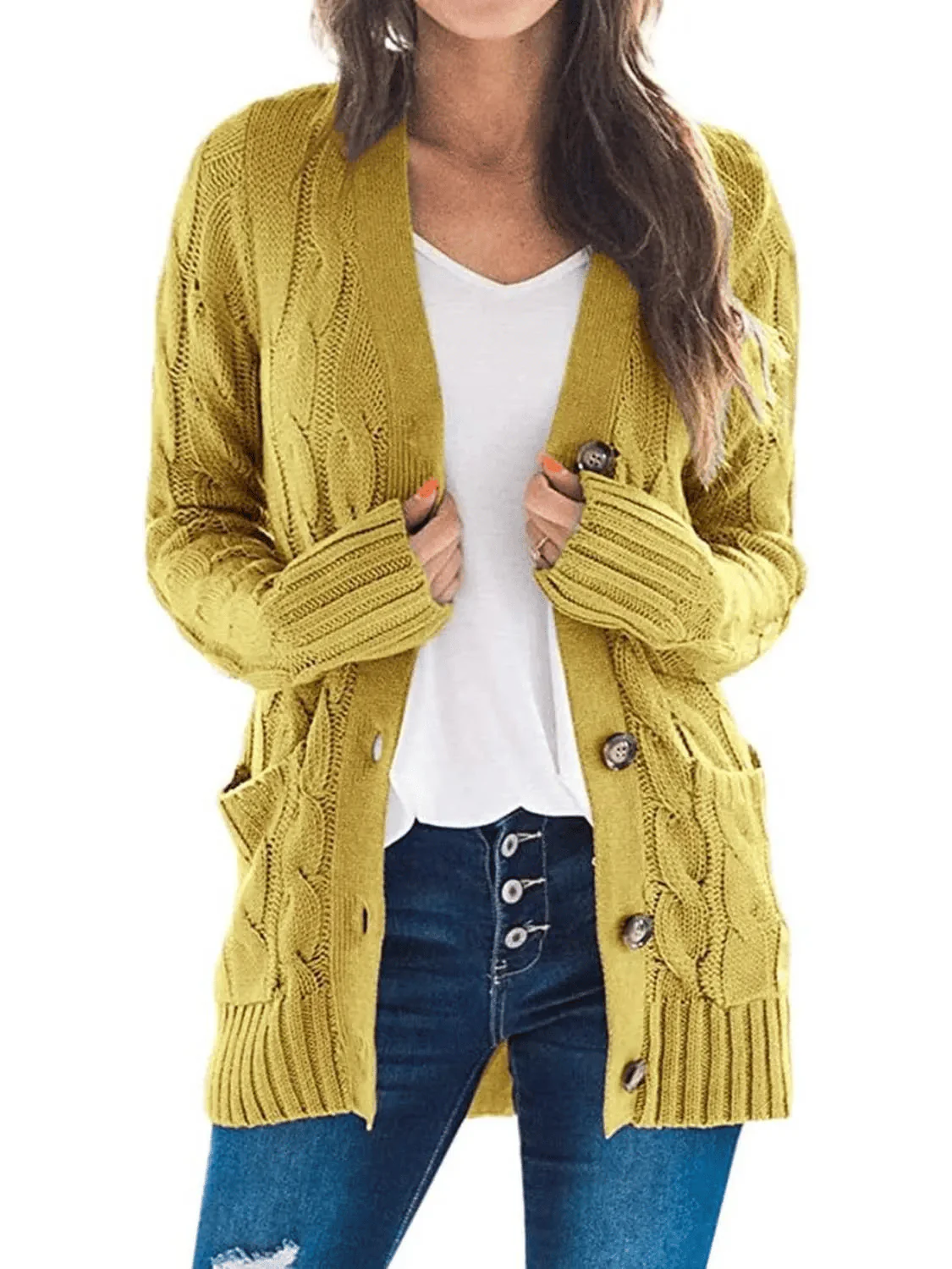 Women's Fall Casual Long Sleeve Button Down Open Front Cable Knit Cardigan - Image 21