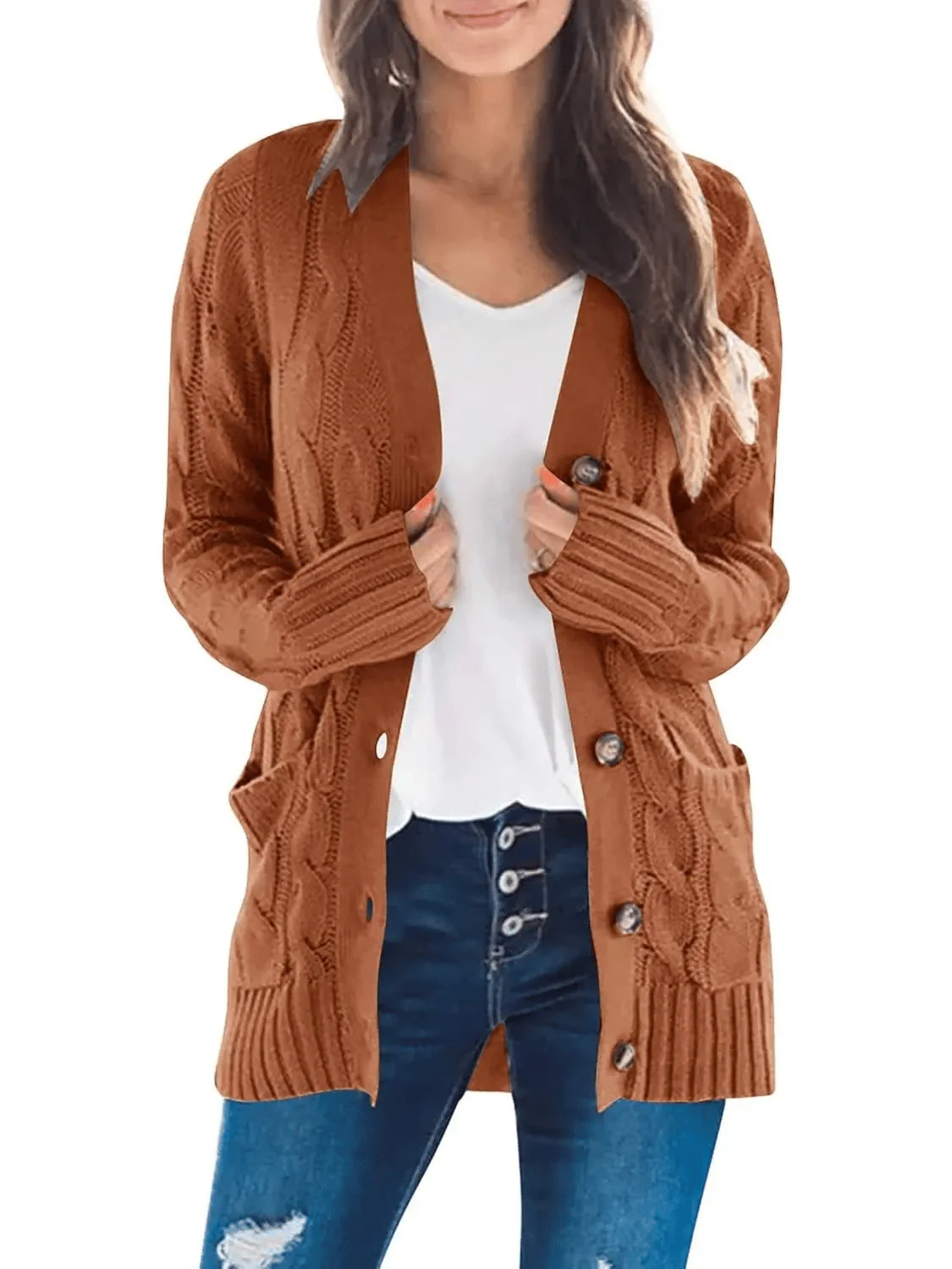 Women's Fall Casual Long Sleeve Button Down Open Front Cable Knit Cardigan - Image 5