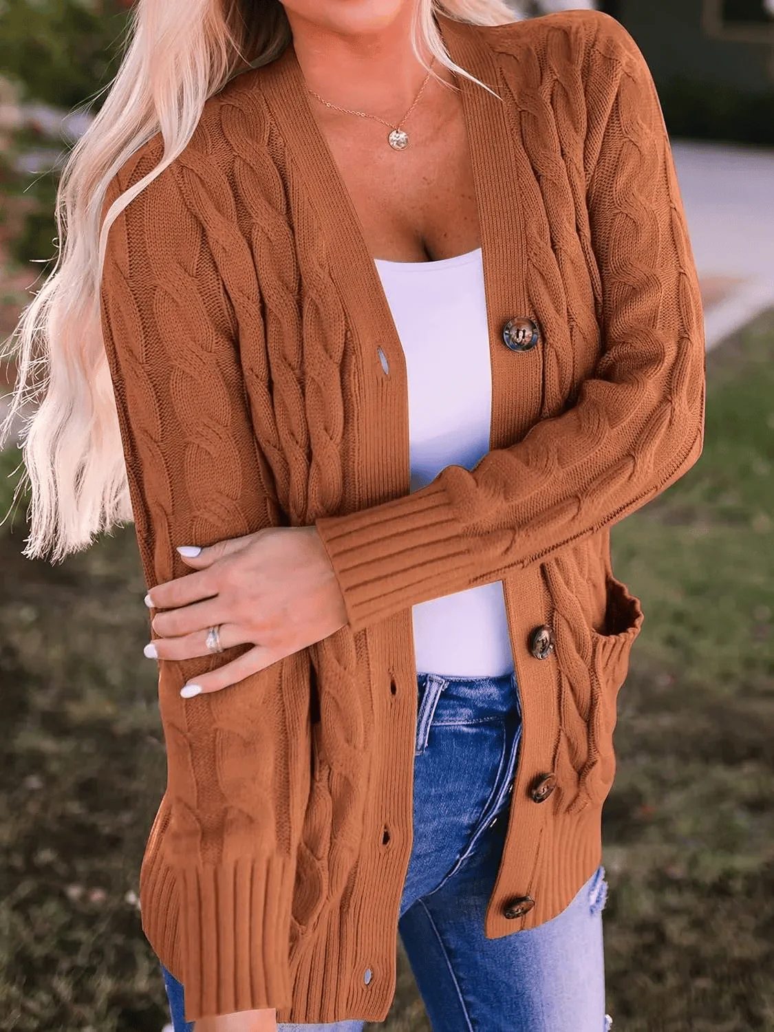 Women's Fall Casual Long Sleeve Button Down Open Front Cable Knit Cardigan - Image 6
