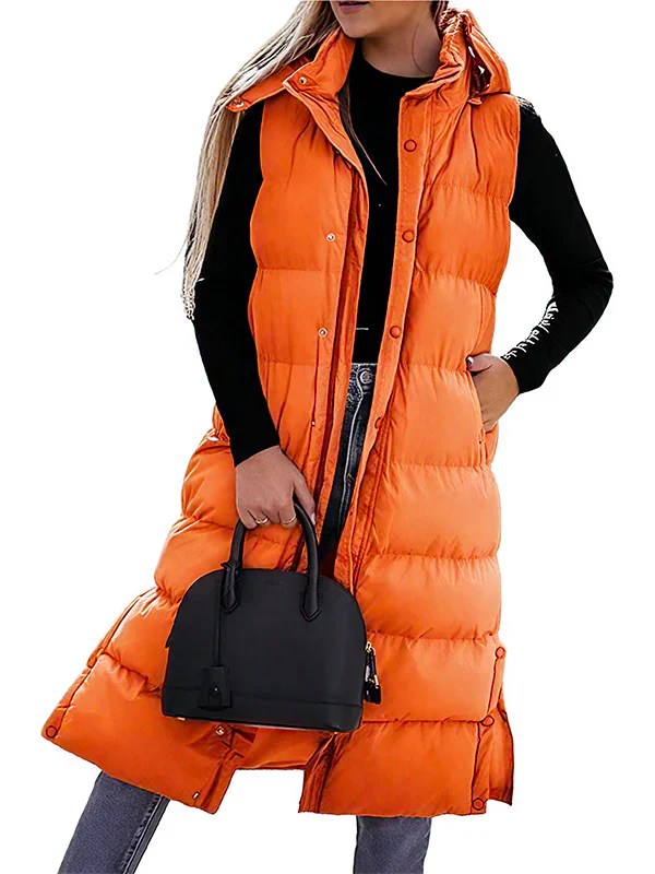 Women's Long Puffer Vest | Quilted Hood & Button Closure - Image 10