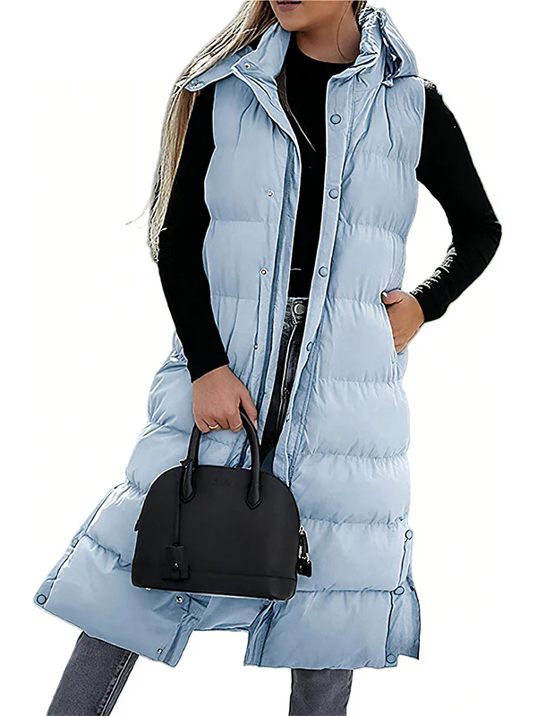 Women's Long Puffer Vest | Quilted Hood & Button Closure - Image 13
