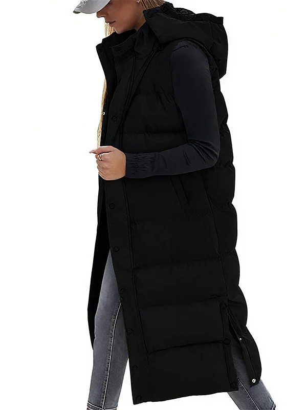 Women's Long Puffer Vest | Quilted Hood & Button Closure - Image 14