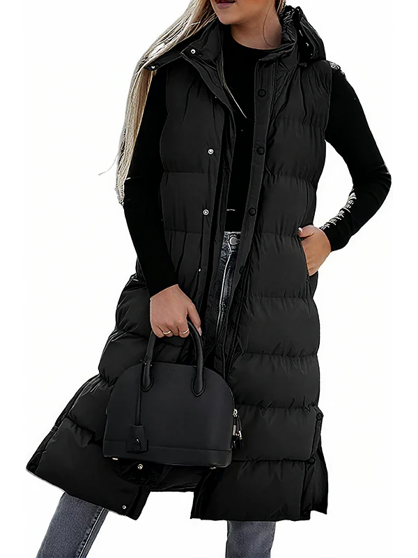 Women's Long Puffer Vest | Quilted Hood & Button Closure - Image 16