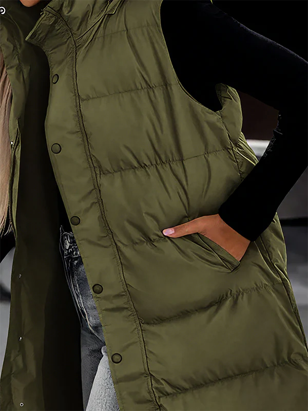 Women's Long Puffer Vest | Quilted Hood & Button Closure - Image 4