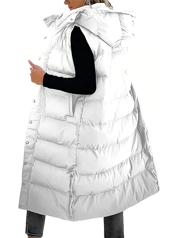 Women's Long Puffer Vest | Quilted Hood & Button Closure - Image 6