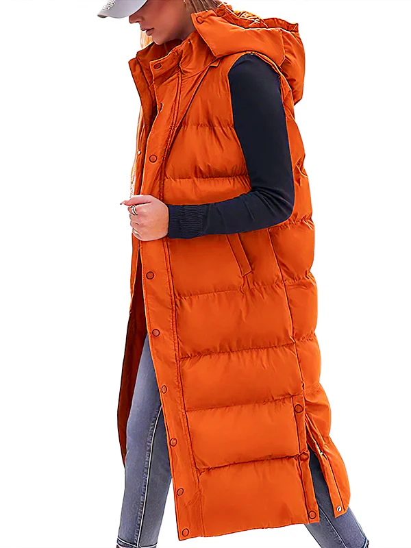 Women's Long Puffer Vest | Quilted Hood & Button Closure - Image 8