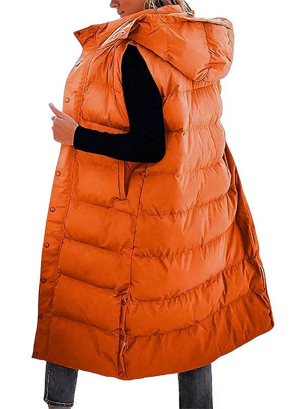 Women's Long Puffer Vest | Quilted Hood & Button Closure - Image 9