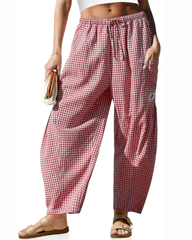 Women’s Loose Plaid Wide Leg Pants with Pockets - Image 4