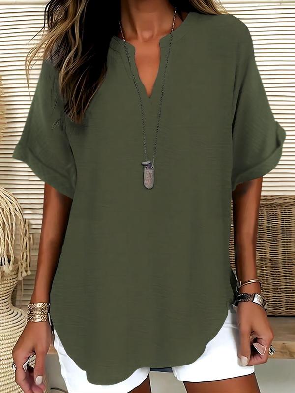 Women's Plain Shortsleeve Blouse, Casual Solid Color Top for Daily Wear, Ladies Clothes for All Seasons - Image 4