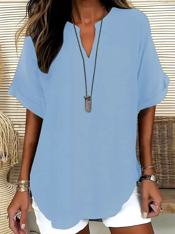 Women's Plain Shortsleeve Blouse, Casual Solid Color Top for Daily Wear, Ladies Clothes for All Seasons - Image 6